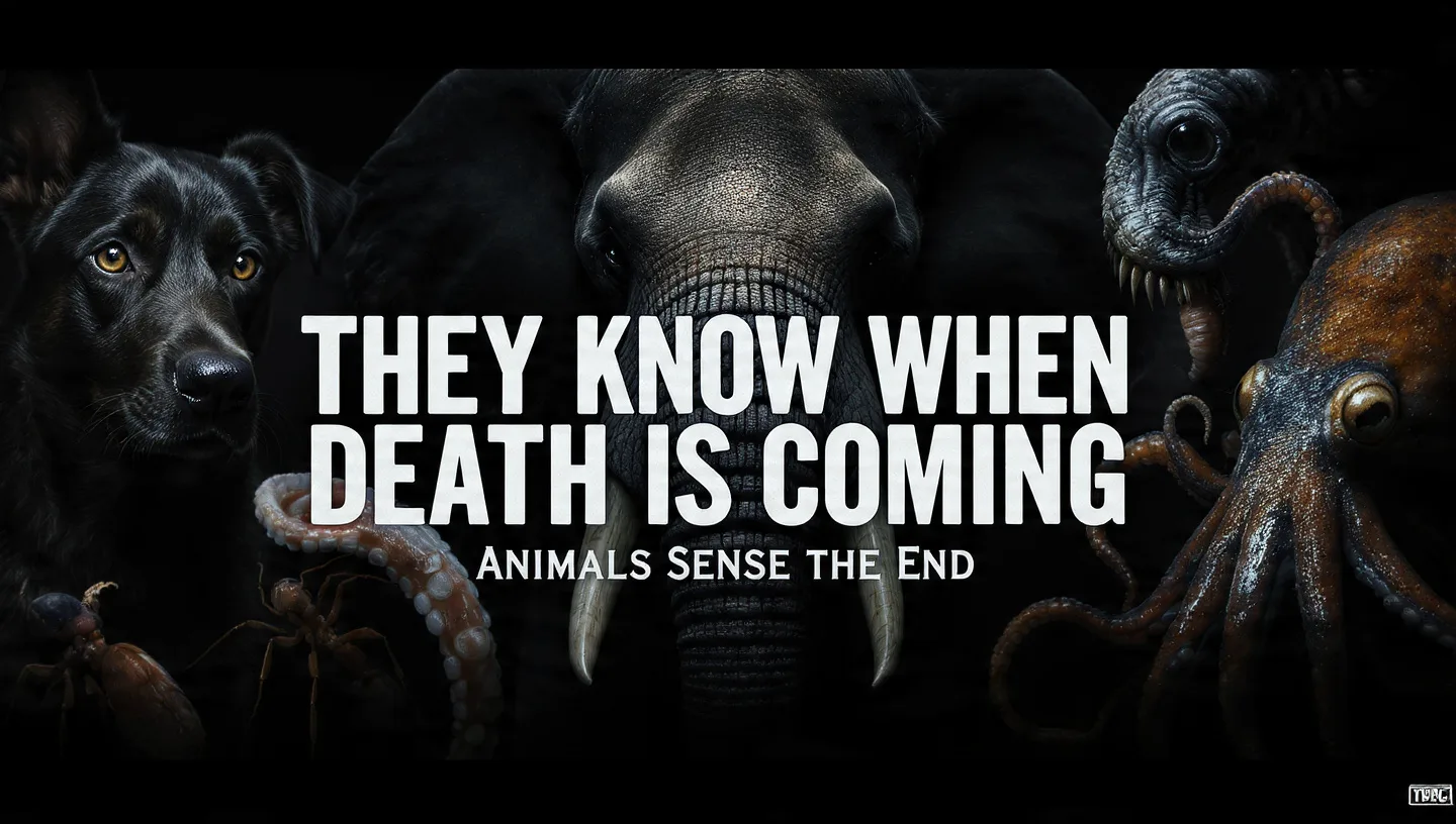 Dark wildlife scene showing a dog, elephant, octopus, and ant around the theme of animals sensing death.